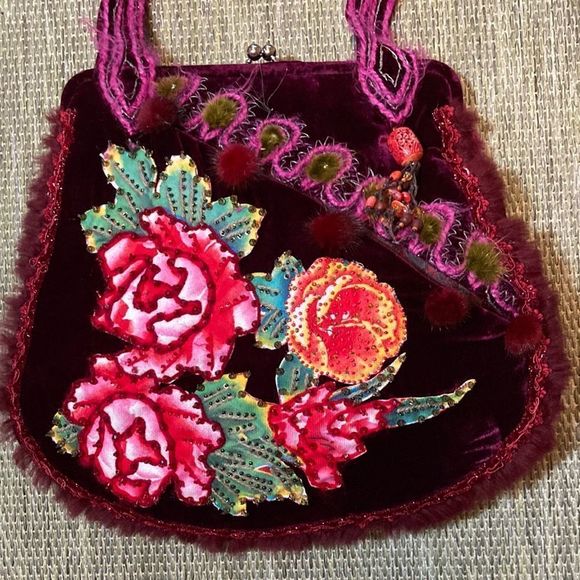 Ipa Nima Handbags - Ipa Nima Artistic Burgundy Velvet Bag with Fun Decoration